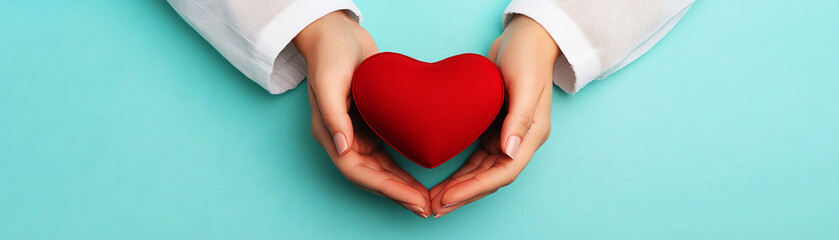 Obraz premium Two hands gently holding red heart on soothing blue background, symbolizing love, compassion, and care. health and wellness themes.