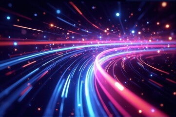 Futuristic abstract background with fast-moving golden, pink, and blue neon waves and glowing bokeh lights, symbolizing data transfer. Ideal for a vibrant, imaginative backdrop