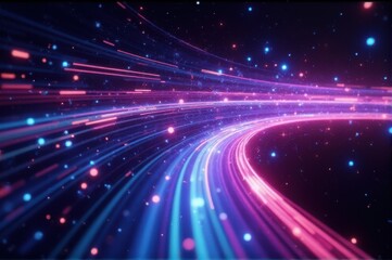 Abstract, futuristic background featuring golden, pink, and blue neon waves moving at high speed with glowing bokeh lights, representing a data transfer concept