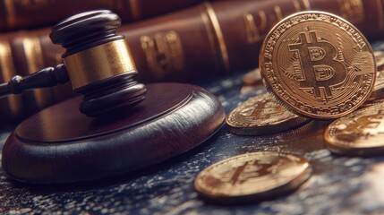 A gavel rests on a block of wood with Bitcoin coins scattered around it.