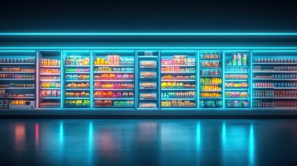 An abandoned grocery store with holographic shelves full of food, futuristic, eerie lighting, neon blue tones, detailed background