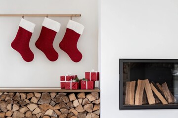 Colorful Christmas Stockings hanging by the warm glow of the Fire. Holiday stocks with gifts and decoration over cozy fireplace, for spreading Christmas cheer. Traditional Xmas celebration concept