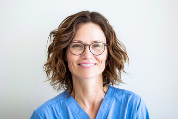 Fototapeta premium Smiling healthcare professional in blue scrubs with glasses