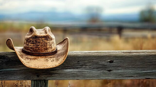 A weathered cowboy hat rests on a wooden fence rail, overlooking a vast, golden field