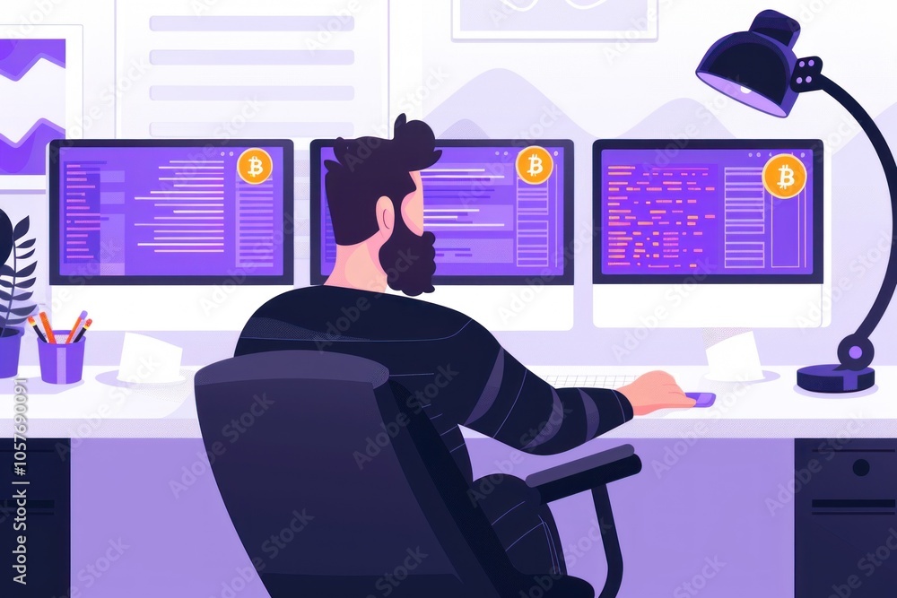 Poster person analyzing cryptocurrency data on multiple monitors in modern office.