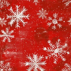 snowflakes on red grunge background seamless all-over pattern