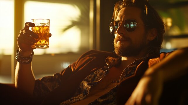 Man is sitting on a couch holding a glass of beer - Powered by Adobe