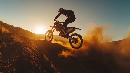 Obraz premium Silhouetted rider soars over a dirt track.