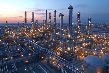 Fototapeta premium Illuminated oil refinery plant at dusk showcasing industrial towers and a complex pipeline network
