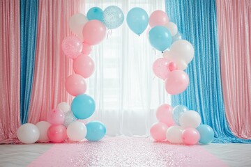 birthday theme, arched balloon in blue pink and white colors, pink wall and floor