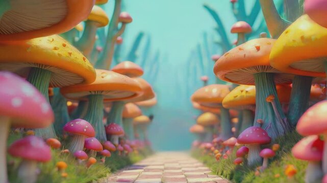  POV walking down a stone path lined with giant, colorful mushrooms in a misty forest. The whimsical scene evokes a sense of wonder, as if she's journeying into a magical, fairy-ta