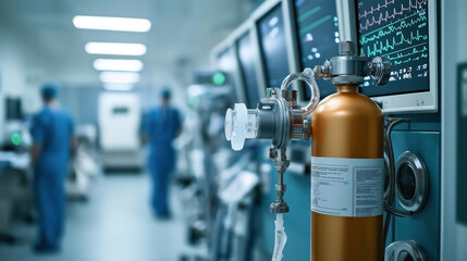Medical equipment in a hospital operating room, featuring a gas cylinder and medical monitors with vital signs. Surgical staff in scrubs and masks work in the background.