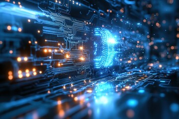 Dynamic blue glowing circuitry showcasing advanced technology in a digital environment