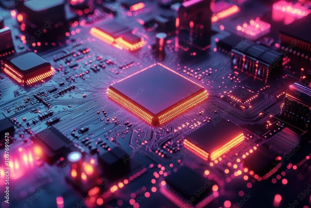 Poster vibrant close-up of a computer circuit board with illuminated components in a futuristic setting