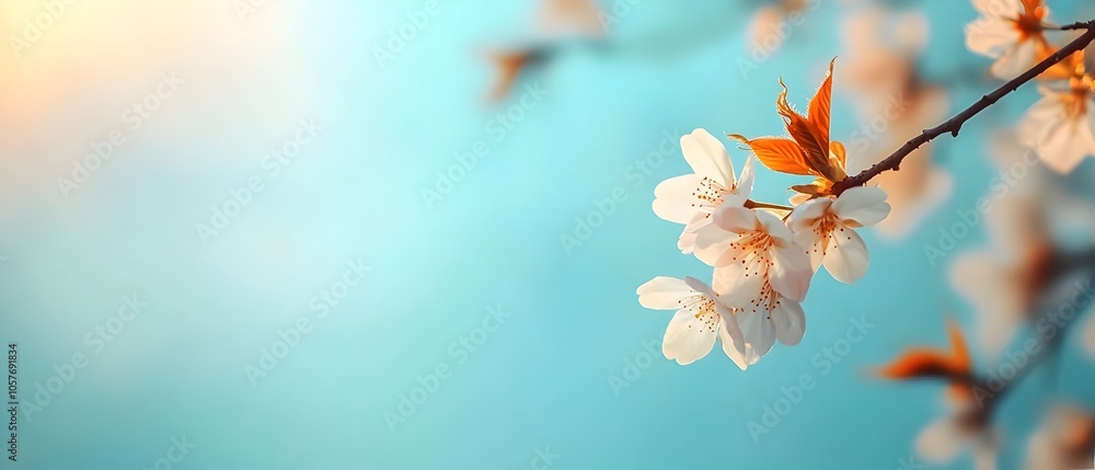Poster Delicate Cherry Tree Branches Blossoming with Soft Dappled Sunlight Filtering Through the Vibrant Lush Foliage in a Serene Natural Setting