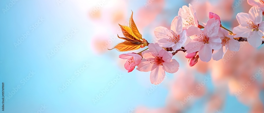 Aufkleber Blossoming cherry tree branches with soft sunlight filtering through creating a peaceful and serene natural landscape scene