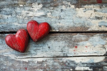 romantic holiday decor, valentines day-themed background featuring two red hearts on a wooden surface, with free space for text