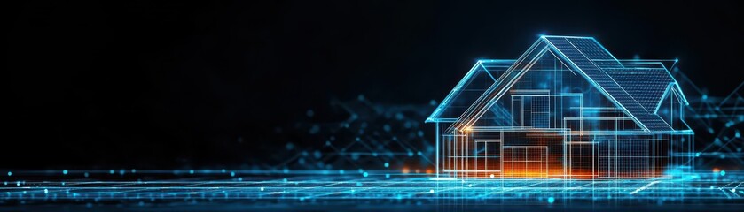 Fototapeta premium Blueprint of urban sustainable housing, solar and windpowered, architectural rendering, dark blue highlights, minimalistic layout