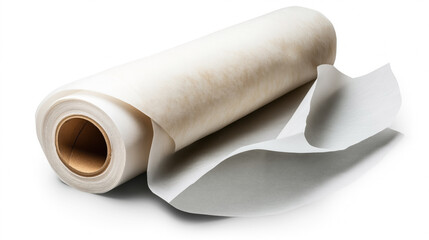 Fototapeta premium Large roll of white baking parchment paper on a clean white background, with a portion of the paper unfurled, showcasing its texture and thickness.