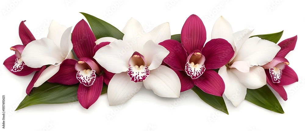 Poster beautiful and graceful orchids in soft white and delicate purple hues isolated on a gentle serene ba