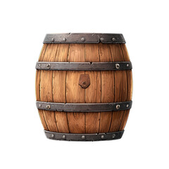 Obraz premium Rustic wooden barrel with metal bands, isolated on white background.