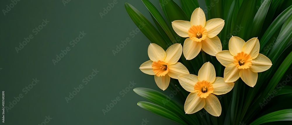 Poster delicate yellow daffodils against a lush green background creating a bright and cheerful spring vibe
