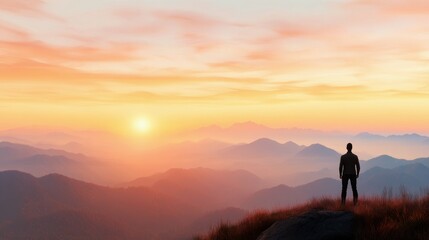 A person admires a stunning sunrise view over misty mountains in the morning light