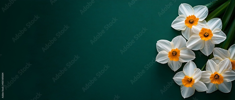 Poster delicate yellow daffodils in full bloom set against a lush verdant background creating a serene and 