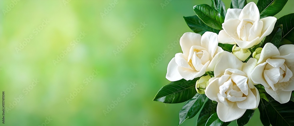 Poster soft creamy petals of a cluster of fragrant gardenias against a natural green foliage backdrop creat