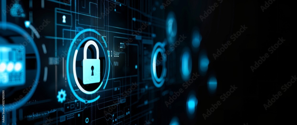 Poster cyber security concepts illustrated on a virtual screen.