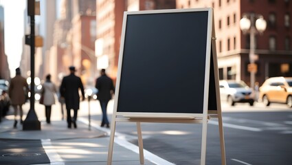 A chalkboard with a white wooden frame stands tall on a sidewalk in the heart of New York.