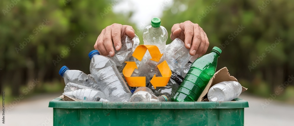Aufkleber Close up view of human hands carefully sorting and separating plastic bottles and paper products into recycling bins