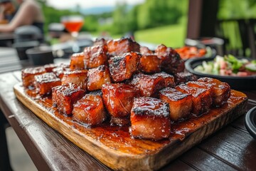 Pork belly burnt ends on a wooden platter