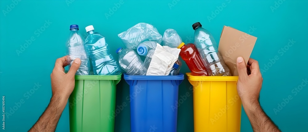 Aufkleber close up view of human hands carefully sorting and separating plastic bottles and paper materials in
