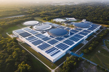 An aerial photo of a large-scale data center with solar panels on the roof, surrounded by greenery. 