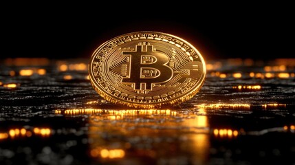 A golden Bitcoin coin sits on a dark surface with glowing lights surrounding it.
