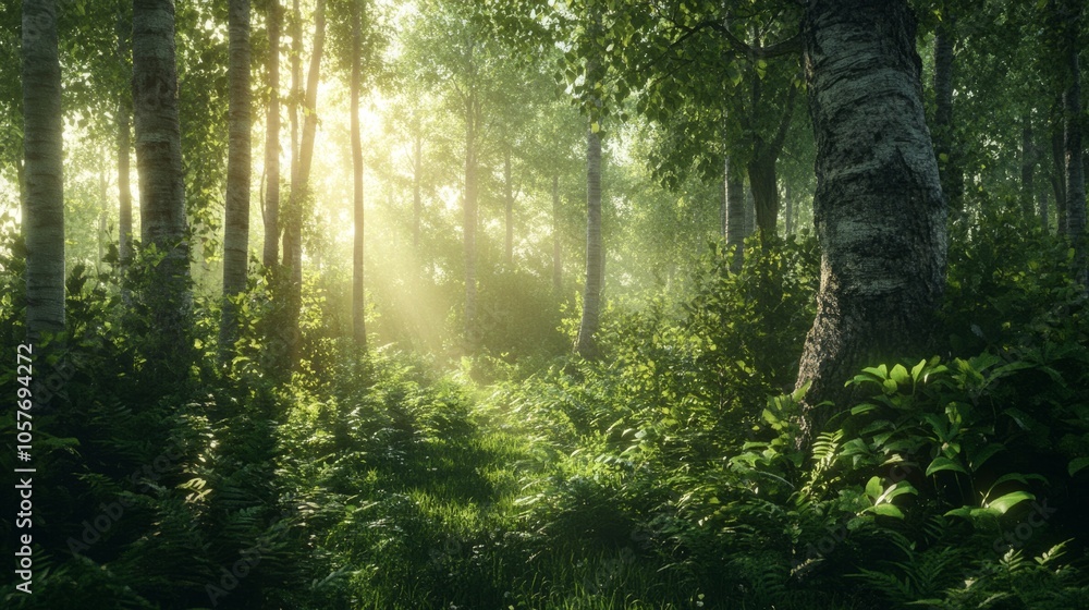 Poster a forest with a tree in the middle and sunlight shining through the trees