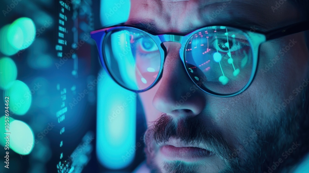 Poster focused man with glasses analyzing data on computer screens in neon lights.
