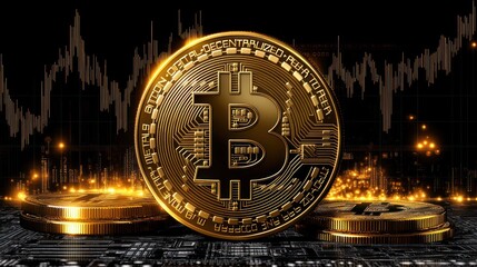 A golden Bitcoin coin with a glowing effect on a digital background, representing cryptocurrency and blockchain technology.