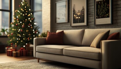 A cozy living room with a Christmas tree, presents, and a sofa.