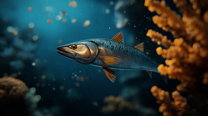 Barracuda swimming swiftly through vibrant coral reef underwater