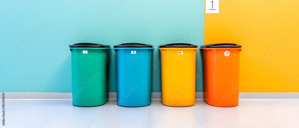 Aufkleber brightly colored recycling bins for sorting and separating plastic paper and metal waste in an eco f