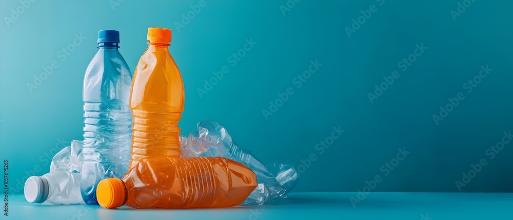 Aufkleber close up view of plastic bottles being crushed and compacted at a recycling processing plant highlig