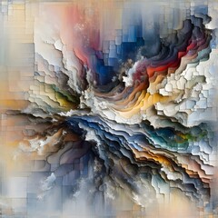 A colorful landscape rendered in a textured, blocky style, creating an abstract painting.