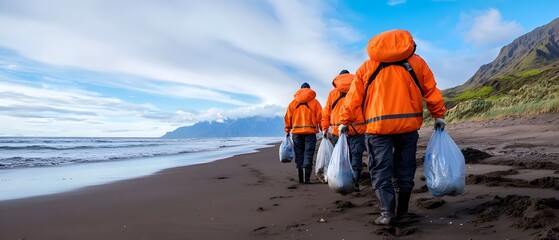 Volunteers Participating in Ocean Beach Cleanup to Remove Plastic Pollution and Protect the Coastal Environment Eco Friendly Community Initiative for Sustainability and Conservation