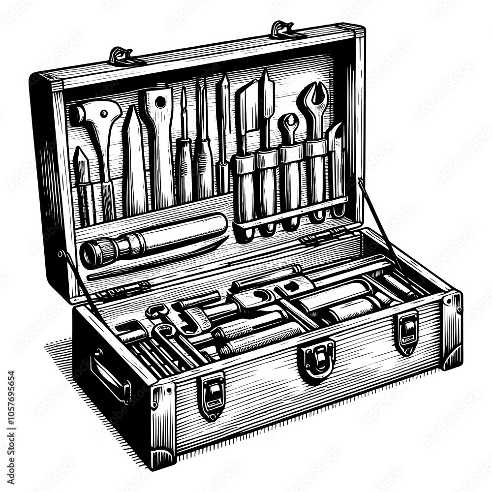 Poster open toolbox, displaying a range of mechanical tools in a striking black and white style sketch engr