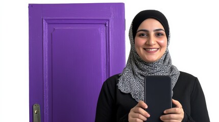 Smiling Woman in Hijab Holding Smartphone in Front of Purple Door