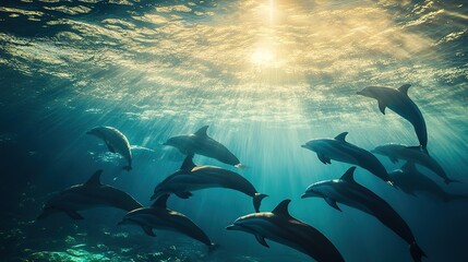 Fototapeta premium A wildlife photography image of a school of dolphins swimming in crystal-clear waters, with sunlight filtering through the water.
