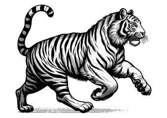 Obraz premium fierce leaping tiger tattoo design with an open mouth, drawn in an engraving style sketch engraving generative ai PNG illustration. Scratch board imitation. Black and white image.
