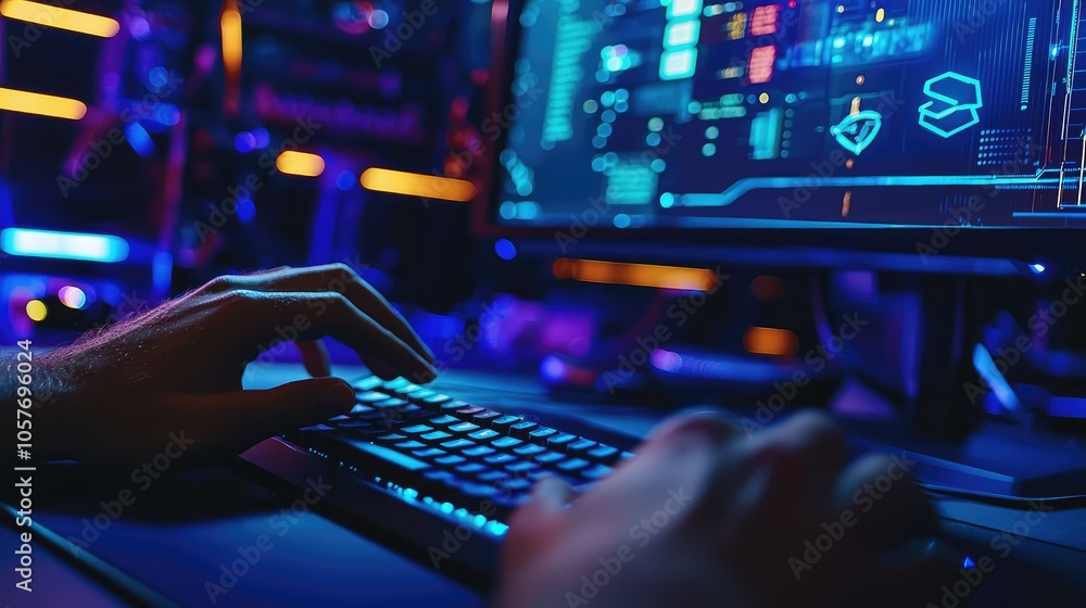 Poster hands typing on wireless keyboard in modern workspace